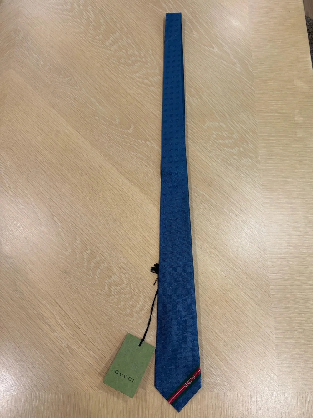 Gucci Blue Silk Tie with Green-Red Stripe Accent. Authentic